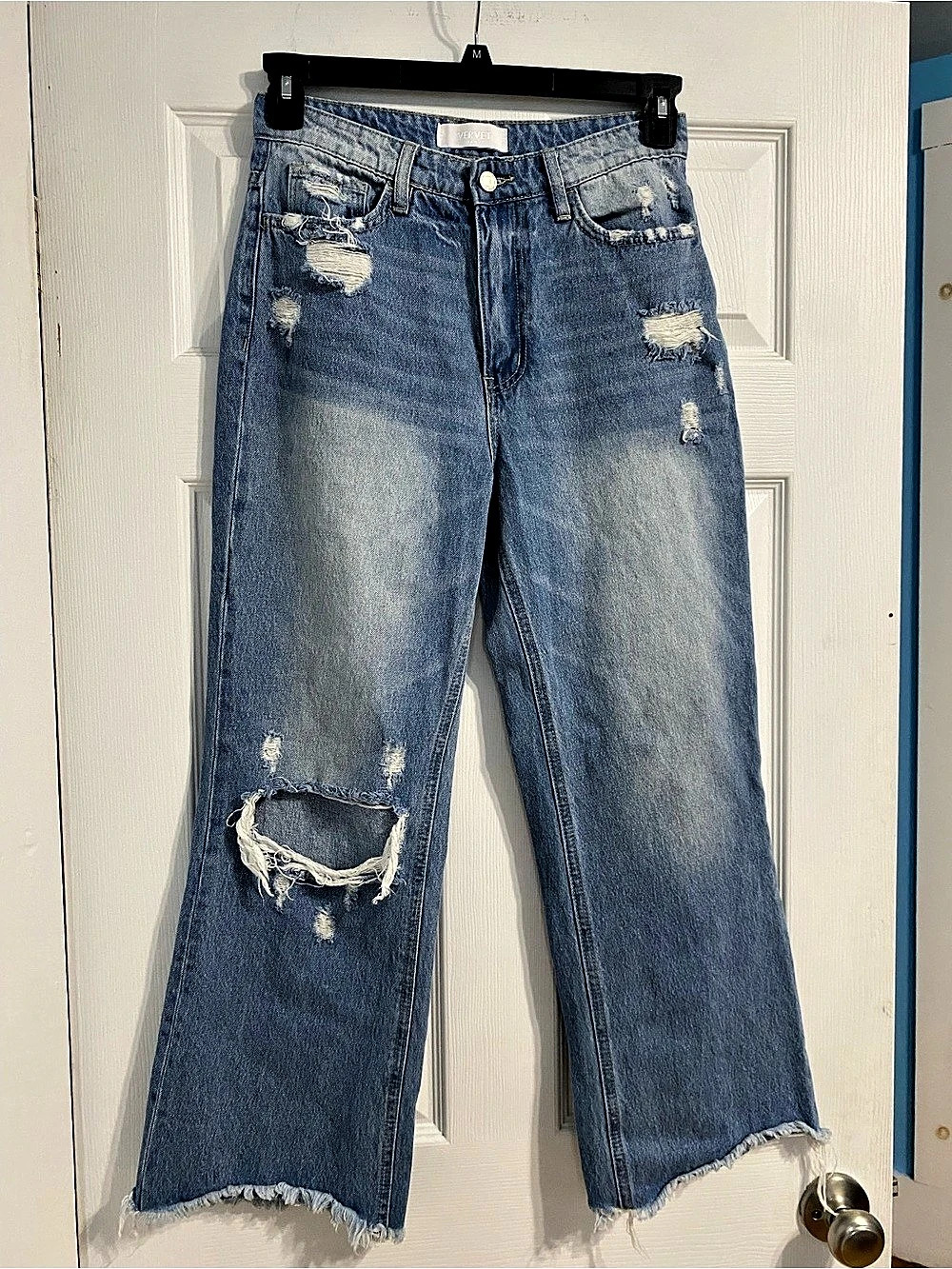 Vervet Distressed Wide Leg Jeans in Blue Waist 28
